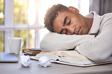 Image showing Man, student and sleeping at desk, burnout and mental health or overwhelmed, education and tired. Male person, nap and exhausted by university, learning and remote work or homework, rest and fatigue