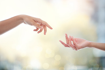 Image showing Helping hand, people and giving for support with bokeh, hope and empathy for healing or mental health. Hands, reaching and donation for charity, kindness and compassion with humanity and assistance