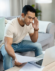 Image showing Man, bills and headache on laptop and sofa for finance mistake, debt review or taxes stress at home. Young and confused person with documents for budget fail, bankruptcy or inflation news on computer