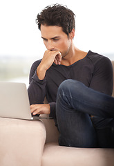 Image showing Man, work from home and thinking on laptop for stock market investment, reading information or website on sofa. Freelancer or trader on his computer with trading software, choice or online decision