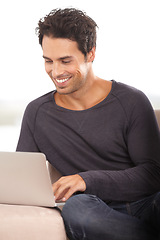 Image showing Happy man, work from home and computer for marketing, copywriting and planning or research on website and sofa. Startup freelancer or blog writer relax on couch with laptop, internet or happy project