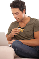 Image showing Laptop, credit card and relax with man on sofa for online shopping, digital payment and fintech. Ecommerce, banking and bills with male customer in living room of home for technology and web
