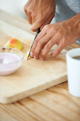 Image showing Hands, knife and fruit cutting in morning breakfast or diet nutrition, wellness health or vitamin fiber. Fingers, cutlery and apple preparation or vegan meal as weight loss, yogurt on kitchen counter