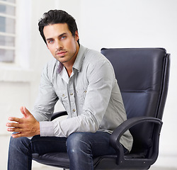 Image showing Businessman, portrait and confidence for company goal as professional sales, corporate career or future growth pride. Male person, face or relax for opportunity calm or modern office, serious at job