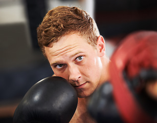 Image showing Boxing, gloves and portrait of man training with fitness, power and workout challenge in club. Strong body, muscle exercise and boxer in gym, athlete with fist up and confidence in competition fight.