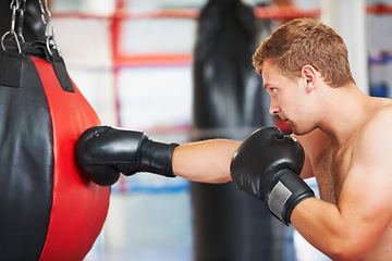 Image showing Man, boxer and punching bag at gym for workout, exercise or self defense practice in fighting sport. Active male person boxing with gloves for energy, indoor training or martial arts at health club