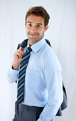 Image showing Businessman, portrait and smile in office for career, professional and employee at corporate job. Entrepreneur, face and person for happy, confidence and pride with calm expression or blazer at work