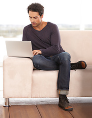 Image showing Man, work from home and typing on laptop for stock market investment, planning and research with website on sofa. Startup freelancer or trader on couch or lounge with computer and trading software