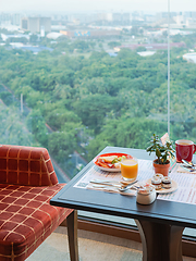 Image showing Hotel breakfast with nice city view