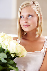 Image showing Woman, rose bouquet and eyes with closeup, beauty and floral arrangement in house, looking away and gift. Look, female model and flowers for love, present and valentines day with romantic gesture