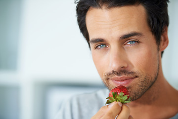 Image showing Man, portrait and strawberry eating for breakfast meal or wellness health, diet nutrition or morning snack. Male person, face and fruit berries for vitamin fibre food for weight loss, vegan or detox