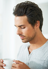 Image showing Man, coffee and thinking for morning drink in home for wake up breakfast, ideas or sleep daydreaming. Male person, tea or cup for caffeine or hot beverage to start day or relax, weekend or espresso