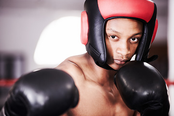 Image showing Man, portrait and gloves for boxing fitness or sports training or competition, athlete fighter or safety gear. Black person, fist and exercise workout or punch practice or challenge, battle in mma