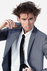 Image showing Portrait, crazy hair and business man with worker and confused from stress and anxiety. Studio, male professional and working with corporate job and thinking with wild hairstyle and white background