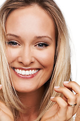 Image showing Portrait, happy woman and smile for haircare in studio for mock up on white background. Swedish model, closeup and excitement on face in result of treatment, keratin or brazilian mask for hair health