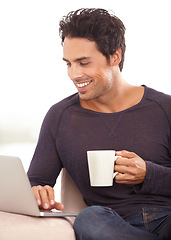 Image showing Coffee, laptop and laugh with man on sofa for social media, networking and connection. Website, streaming and digital with person in living room at home for remote work, research and technology