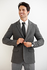 Image showing Businessman, thinking and ready with fashion in studio for formal style mock up on white background. Corporate, male manager or boss in suit, elegant or modern clothes for professional job in space