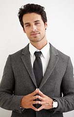 Image showing Portrait, businessman and thinking with gesture in studio for idea mock up on white background. Corporate person, male manager or boss for vision of formal, cool or trendy fashion with suit in space