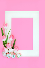 Image showing Easter Egg and Pink Tulip Flower Background Frame