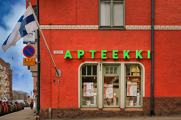 Image showing Pharmacy in Red Jugend Style Building