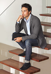 Image showing Notebook, thinking and business man waiting on stairs of office building with confidence, mindset or attitude. Hiring, human resources or male applicant on steps for recruitment and opportunity