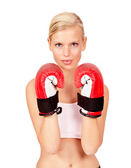 Image showing Woman, boxer and portrait for fitness, exercise and workout training in match, challenge and competition by white background in studio. Person, athlete and boxing gloves on backdrop space for sports