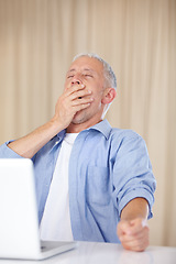 Image showing Mature man, laptop and yawn or tired, fatigue and burnout for challenge on technology. Male person, internet and exhausted for information, brainstorming and online research or plan and overworked