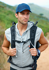 Image showing Man, hiking and fitness or exercise for health, adventure and trekking in nature, outdoor and travel. Male person, journey and freedom or active, cardio and workout on vacation or holiday in Mexico