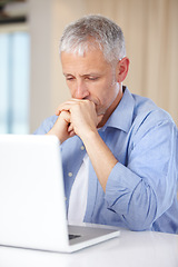 Image showing Mature man, laptop and thinking or stress, burnout and anxiety for challenge on technology. Male person, internet and question or doubt for information, brainstorming and online research or planning