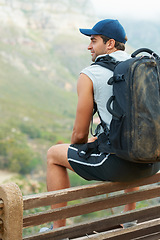 Image showing Fitness, happy man and rest of nature hiking with backpack for workout, training and exercise view. Hiker, person and smile on relax mountains for health, wellness and sports for Brazil summer break