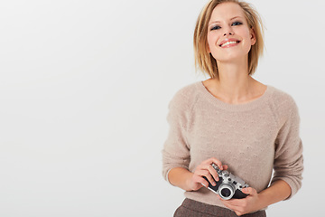 Image showing Portrait, happy woman and camera for photography in studio with mock up on white background. Swedish model, hand and smiling with lens for equipment in creative career, picture or memory in space