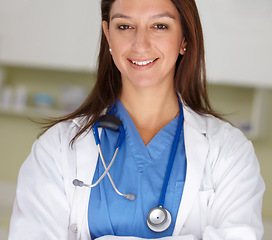 Image showing Happy woman, portrait and veterinarian doctor at clinic for animal care, shelter or health service. Face of female person, nurse or medical pet surgeon smile in confidence for healthcare at vet
