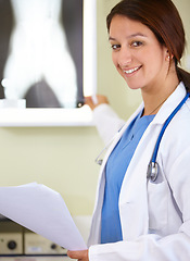 Image showing Happy woman, portrait and veterinarian with xray of animal for examination, tests or diagnosis on injury at vet. Female person, doctor or medical pet professional in CT scan or MRI for clinic checkup