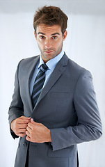 Image showing Portrait, suit and business with man, employee and confidence with startup, consultant and lawyer. Worker with legal practice, agent or entrepreneur with professional, corporate or career with blazer