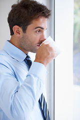 Image showing Businessman, drinking coffee and thinking at window, contemplating and tea for idea, vision and mission. Male person, reflection and planning for office, mindset and growth in career for future