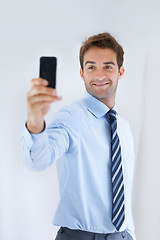 Image showing Happy businessman, selfie and social media for photography, memory or online vlog at office. Handsome or attractive man or employee smile for photograph, picture or business fashion at workplace