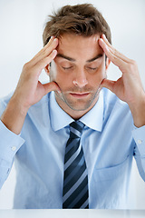 Image showing Business man, headache and stress for bankruptcy, stock market crash or financial fail in office on a wall or white background. Tired or frustrated person or mature boss with debt crisis and pain