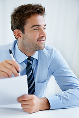 Image showing Business man, thinking and writing on documents for financial report, audit review and asset management in office. Auditor, accountant or manager with decision and signature on paperwork or contract