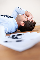 Image showing Business man, stress and headache or burnout, floor and exhausted or mental health, paperwork and overwhelmed. Male person, migraine and tired or frustrated, rest and fatigue for mistake and fail