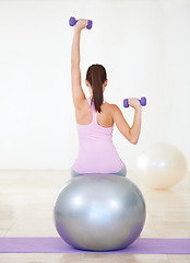 Image showing Woman, back and fitness on ball, dumbbells and balance in gym, training and strong muscle in arms. Girl, workout and exercise with pilates, weightlifting and hard work for health, wellness and body