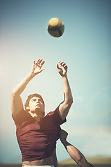 Image showing Rugby, sports and practice and man on field for training, health and stadium. Challenge, competition and athlete performance with male person in outdoor pitch for exercise, games and workout