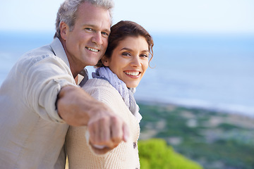 Image showing Mature couple, portrait and outdoor on holiday, airplane hands and happy for enjoying vacation. Man, woman and bonding together with smile, marriage and commitment with affection, and joyful