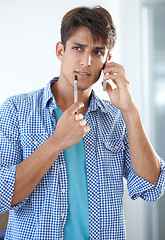 Image showing Man, phone call and conversation on technology, talking and networking or connection, mobile and chat. Indian male person, smartphone and discussion for deal, communication and speak on cellphone