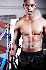 Image showing Boxing, power and portrait of black man in ring with fitness, gloves and workout challenge at sports club. Strong body, face of athlete or boxer in gym with sweat and confidence in competition fight.