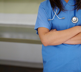 Image showing Woman, nurse and arms crossed of professional veterinarian for healthcare or domestic animal service. Closeup of female person, doctor or medical surgeon in confidence at pet shelter, clinic or vet