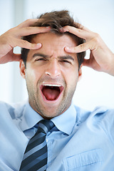 Image showing Portrait, screaming and business with man, stress and emoji with professional, angry and frustrated in a workplace. Face, person and agent with bad news, fail and burnout with mistake, tax and office