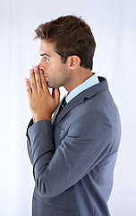 Image showing Businessman, thinking and stress on career future, anxiety and mental health in studio by white background. Male person, nervous and worry for promotion, opportunity and ideas for growth in mockup