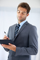 Image showing Business man, notebook and writing or planning, notes and ideas for mission, company and future. Male person, journal and research or agenda, office and brainstorming for project or career goals