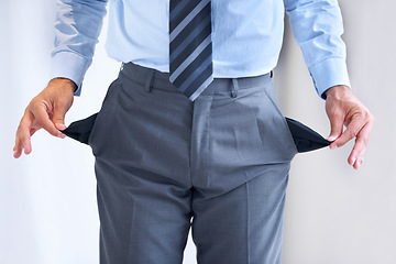Image showing Hands, bankrupt and broke with pockets of a business person in studio on a white background. Economy, debt or financial crisis and a poor or jobless employee with poverty problems during a recession