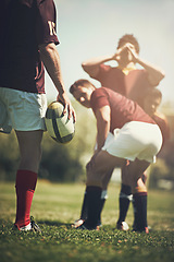 Image showing Rugby, start and fitness men with ball on a field with huddle, scrum and pitch, training and power outdoor. Energy, handball and sports team at a park for competition, action or performance challenge